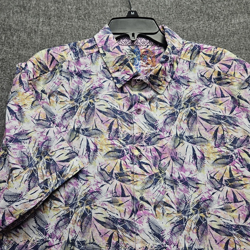 Robert Graham Shirt Mens 2XL Blue White Floral Short Sleeve Classic Fit Linen
